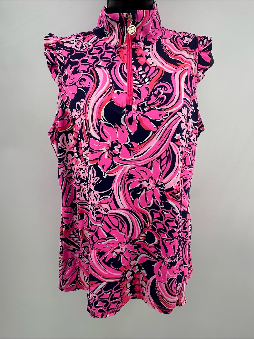 Lilly Pulitzer Luxletic Pink Navy Floral Ruffle Zip Vest XL Golf Tennis Active